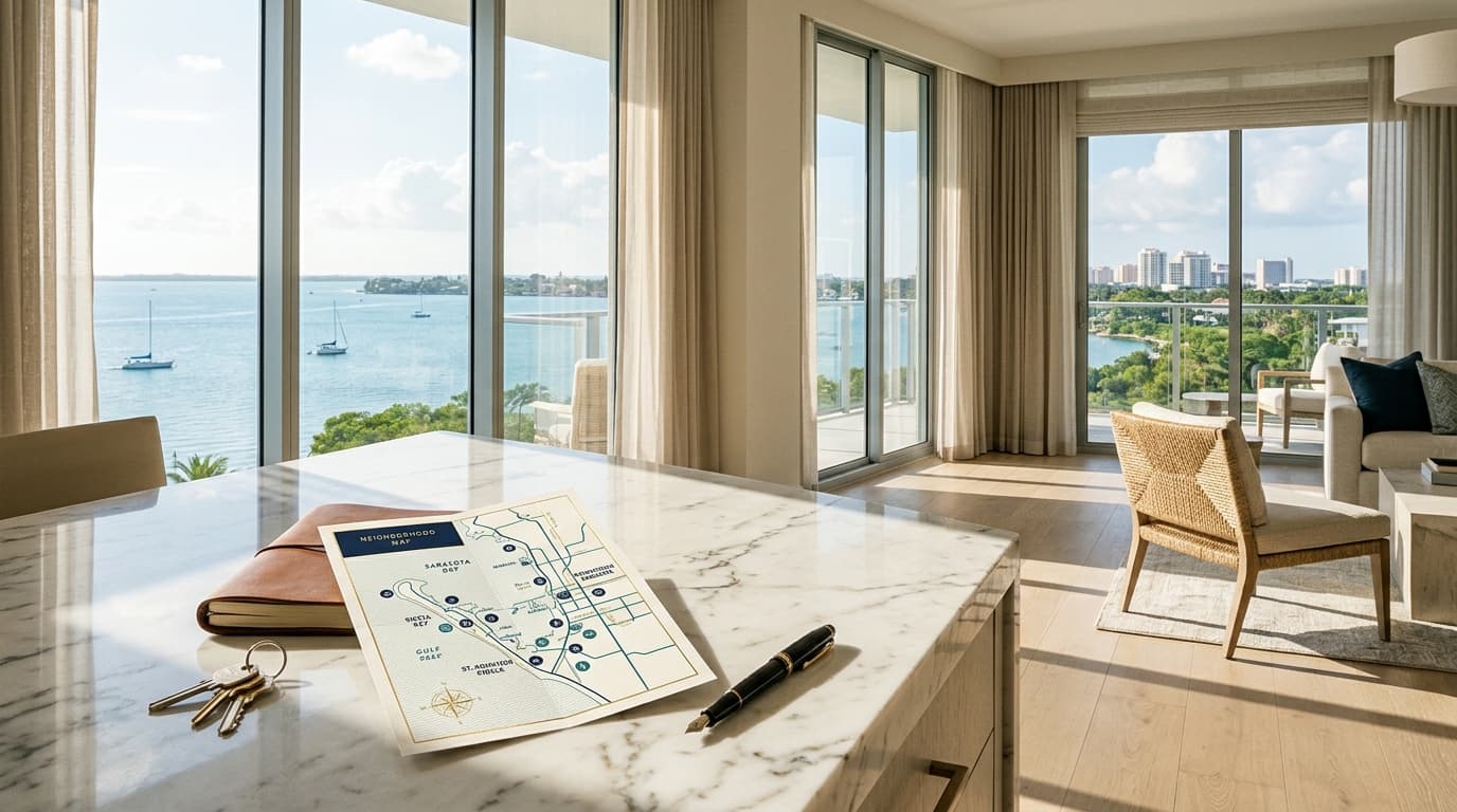 Waterfront Gulf Coast condo interior with keys and a neighborhood planning map