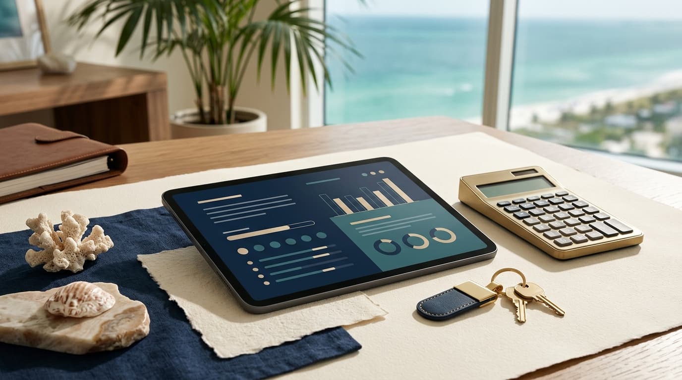Gulf Coast payment planning desk with tablet, calculator, keys, and coastal light