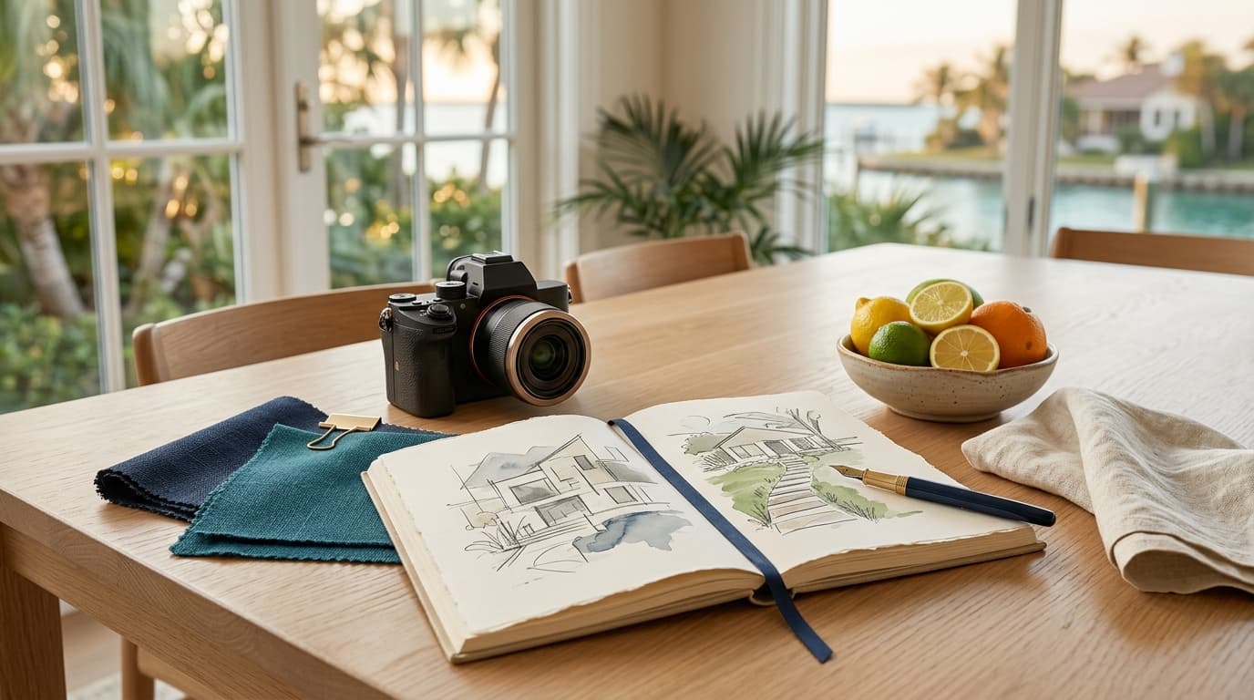 Luxury listing preparation table with camera, styling materials, and coastal light