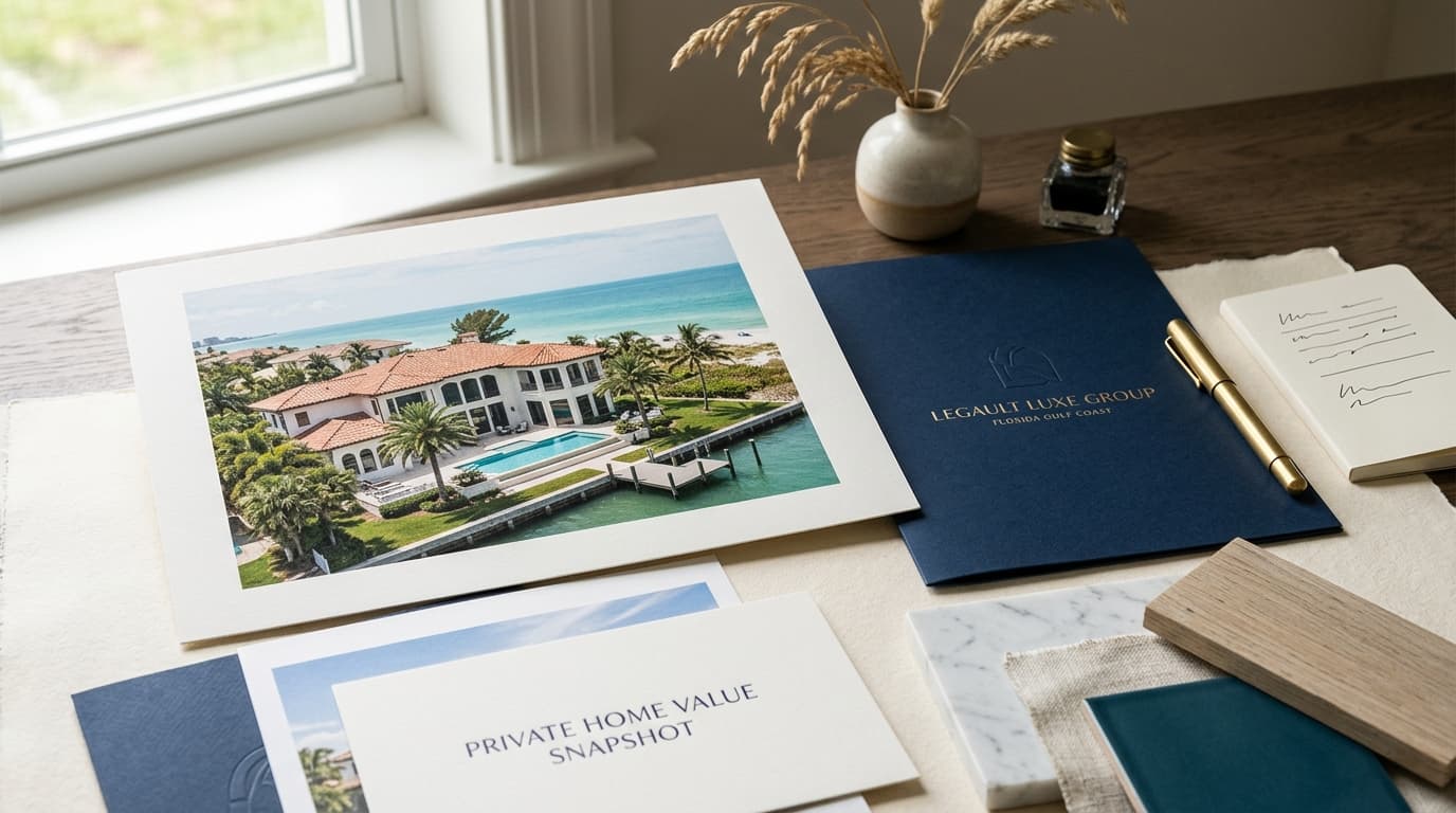 Private home value planning desk with Gulf Coast property imagery and material samples